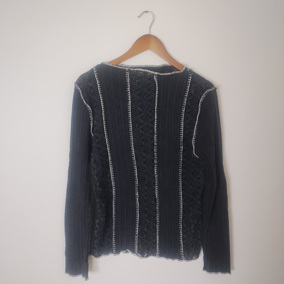 Oli & Hali Tops - Oli & Hali Ribbed Knit Lace Top Womens Medium Gray‎ Contrast Stitch Boho Grunge